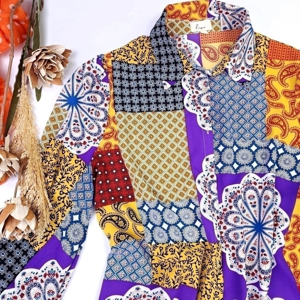 Lina Multicolored Button Down Top Sz L